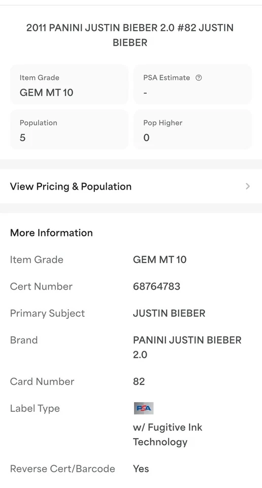 2011 Panini #82 Justin Bieber GEM MINT PSA 10 Soccer Rookie Low Pop Rare RC - Image 3 of 3