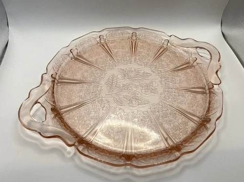 Vintage Depression Glass Cherry Blossom Pink Cake Plate /Handled Serving Plate
