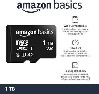 Amazon Basics MicroSDXC 1 TB Memory Card With Full Size Adapter 100MB/S