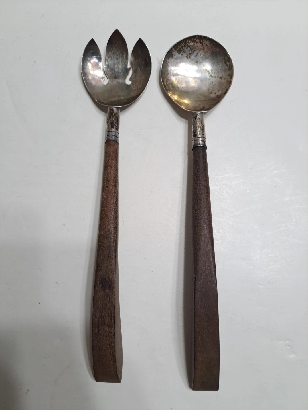 JS 925 Sterling Salad Serving Utensils With Wooden Handles Retro MCM