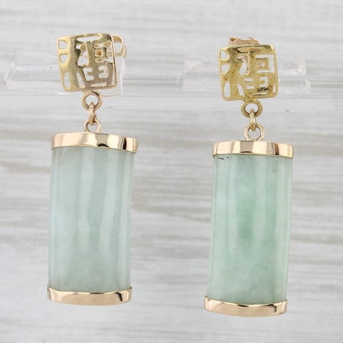 Green Jadeite Jade Dangle Earrings 14k Gold Chinese Calligraphy Good Fortune