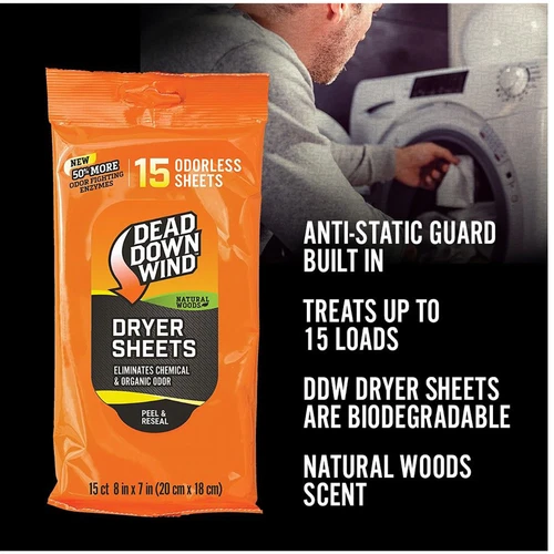 Dead Down Wind 11913 Dryer Sheets Natural Wood 15ct Odor Eliminating Anti-Static - Picture 3 of 3