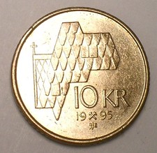 1995 Norway Norwegian 10 Kroner Harald V Stylized Church Coin XF