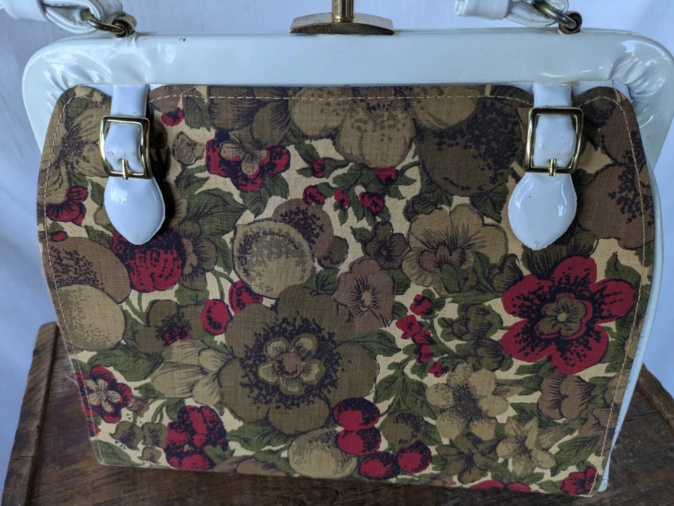 Винтажный 1960-х Kadin цветочный ткани и белый патент Дамская сумка сумочка США сделано VGUC - Изображение 2 из 4