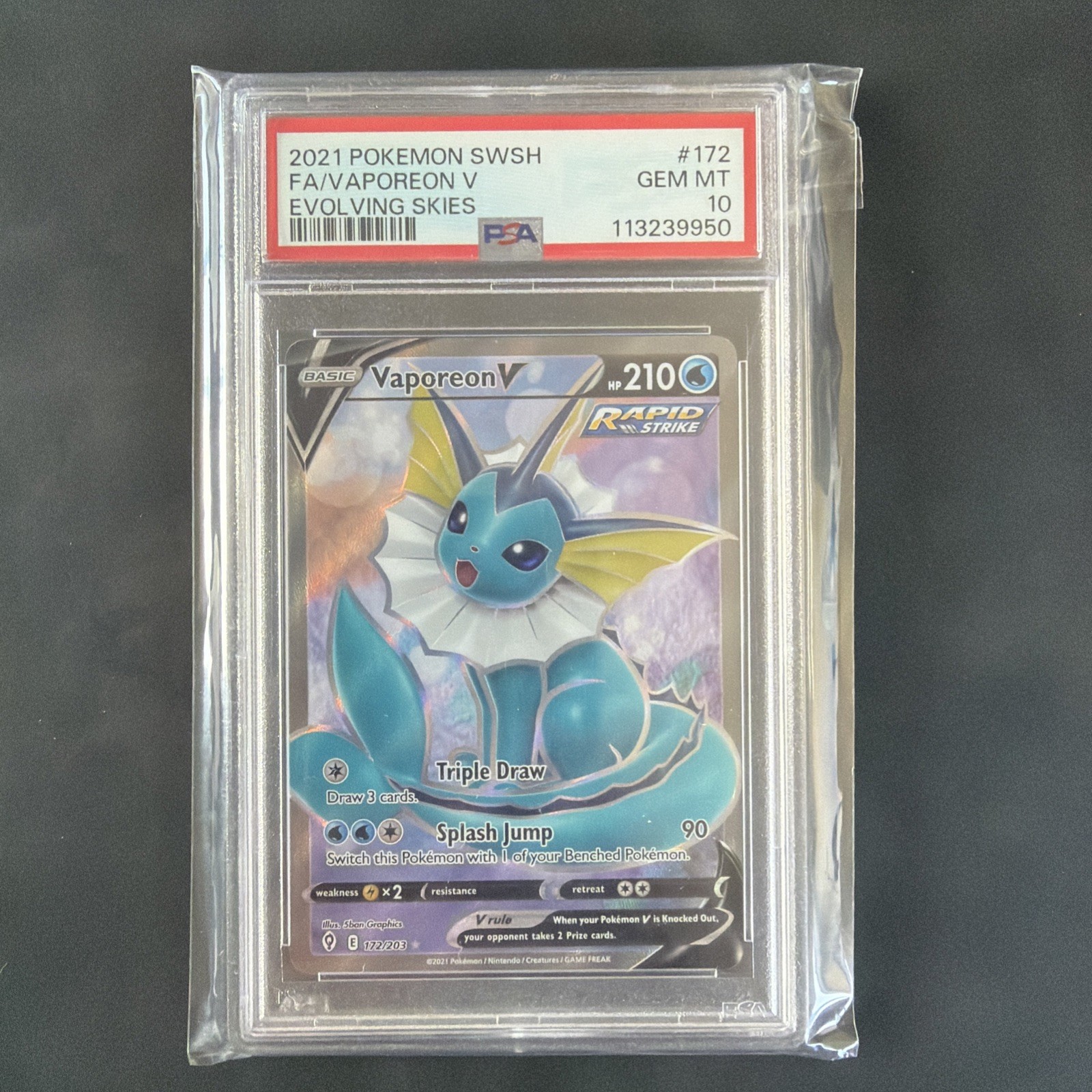 PSA 10 Vaporeon V 172/203 Evolving Skies Ultra Rare Full Art Pokemon GEM MINT