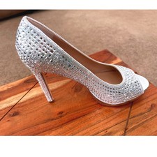 Lauren Lorraine Candie 12 Pump Silver Crystal Embellished Peep Toe Heels S 7.5