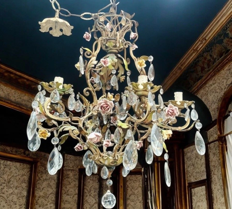 Lámpara de araña vintage de cristal y azulejos de cerámica - 7 luces, elegante Foto 3 de 4