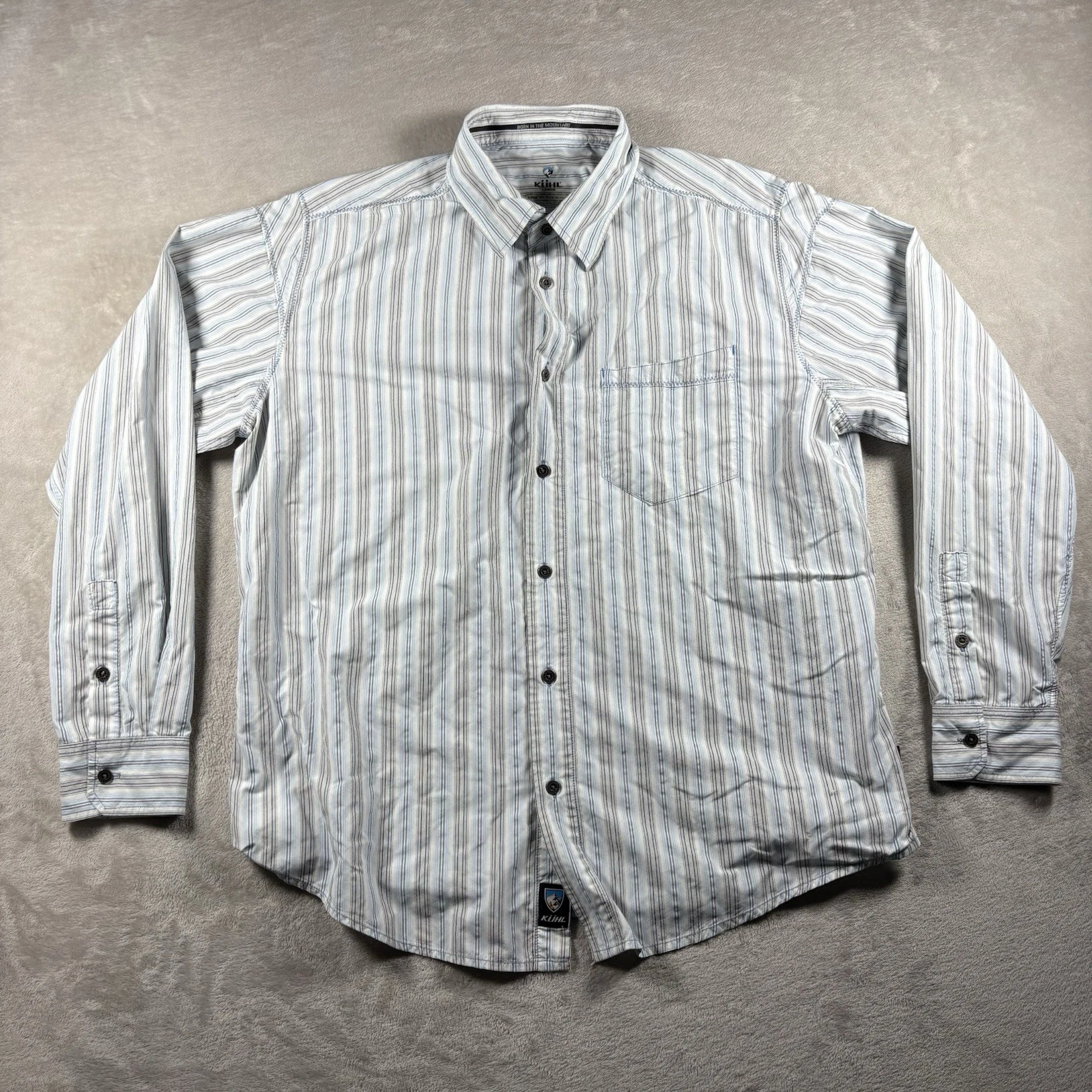Kuhl Button Up Shirt Men’s L Blue Striped Long Sleeve Nylon Outdoor Hiking #6A