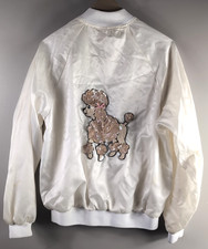 VTG Sequin Poodle Dance Tango Satin Bomber Jacket L, White, Embroidered, Mint 