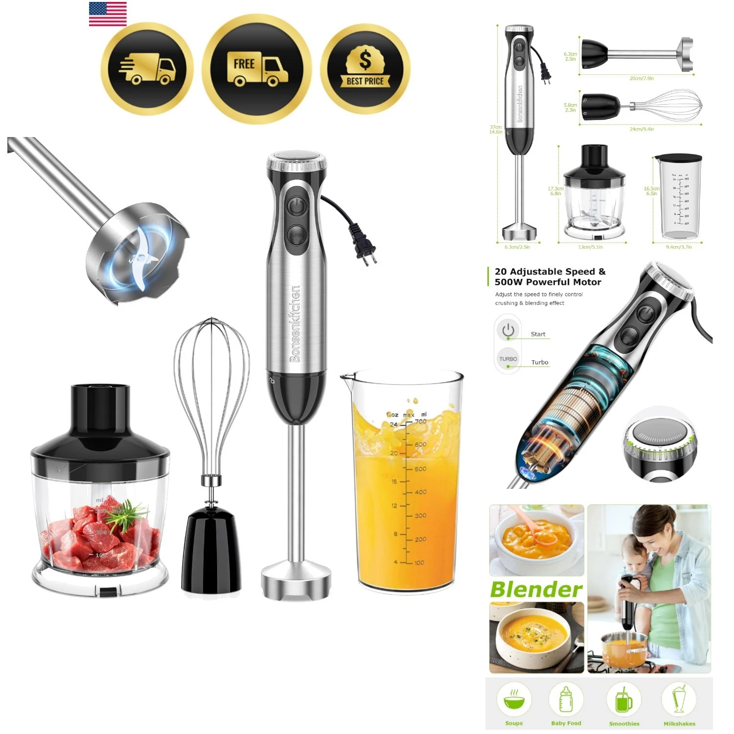 Immersion Blender Handheld with Food Processor, 20 Speeds Hand Blender with T...