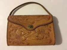 Vintage Tooled Leather Handbag Purse Baguette Style Bag with Flap Brown Floral