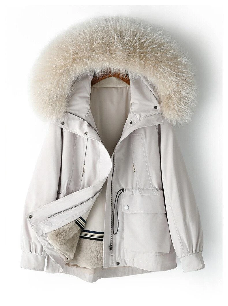 OFF WHITE Parka donna invernale con cappuccio collo pelliccia foderato staccabile soprabito cotone imbottito
