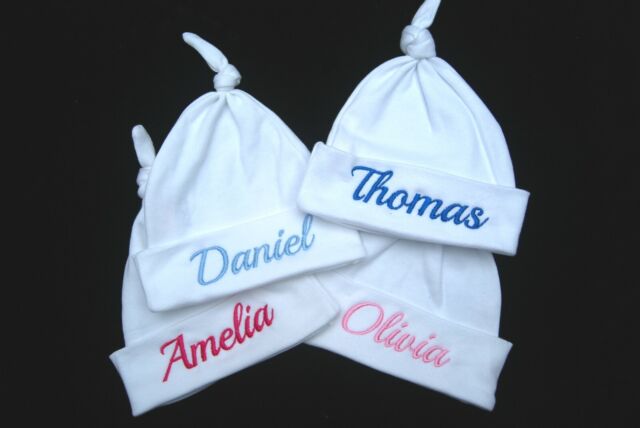 Baby Knot Hat Personalised Embroidered White with Name Cotton Baby Shower Gift
