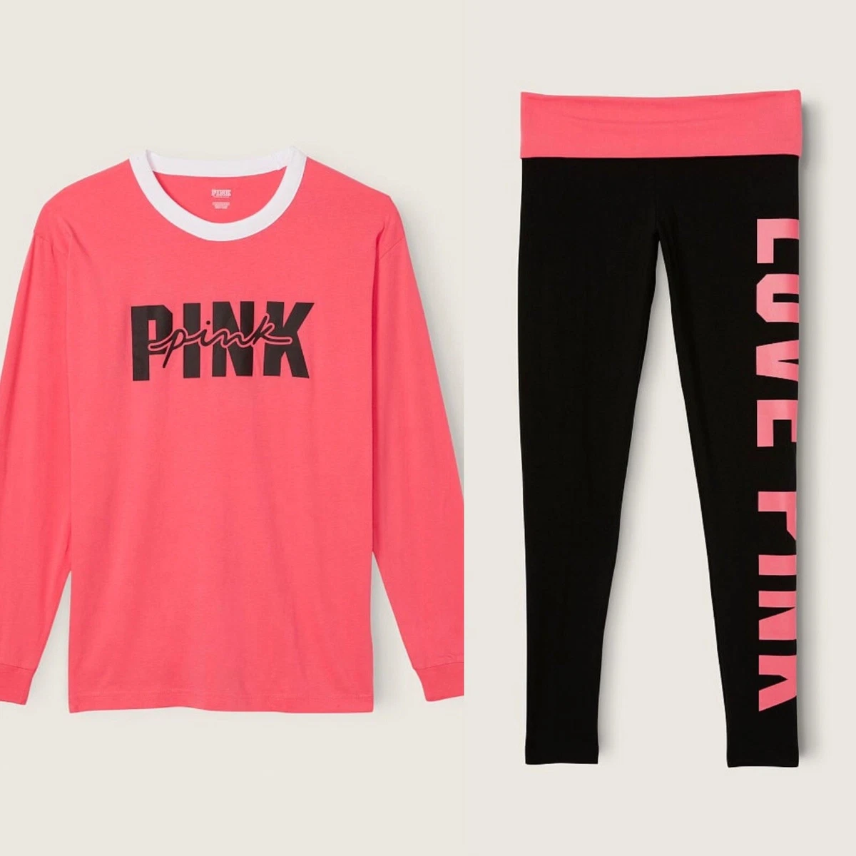 Victoria's Secret PINK Cotton Full Length Foldover Leggings & L/S Campus  Tee SET