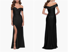 LA FEMME OFF THE SHOULDER STRETCH JERSEY THIGH SLIT BLACK GOWN sz 4