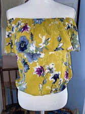Sienna Sky Blouse Shirt Top Off The Shoulder Yellow Blue Floral Rayon Small S
