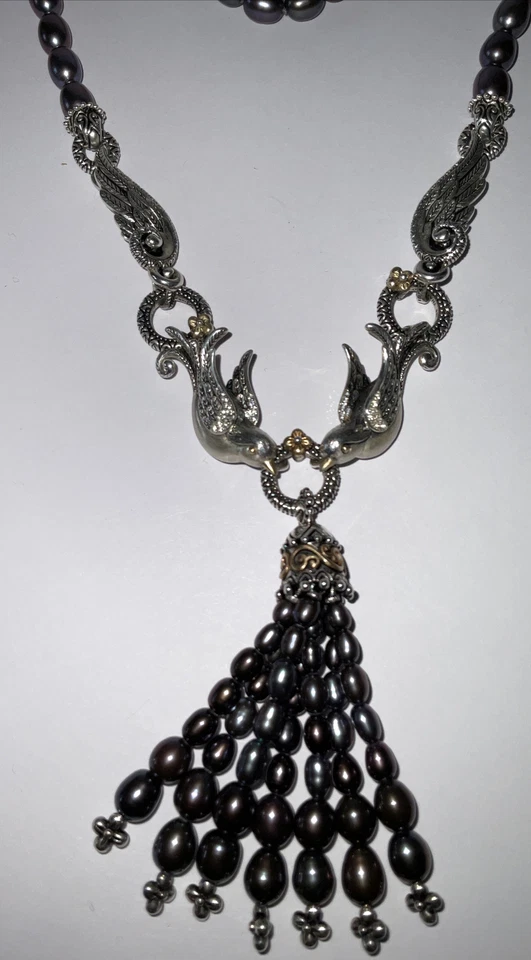 Collar Barbara Bixby Plata de Ley 18K Golondrinas Gorriones Pájaros Perla Negra Foto 3 de 4