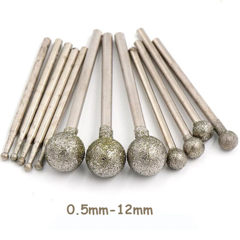 0.5mm 12mm Ball Round Diamond Burr Bit Gems Carving Rotary Tools 2.35 3mm Shank