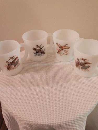 Fire King Game Bird Milk Glass Mugs Geese Pheasant Grouse Set of 4 Vintage.MCM