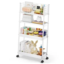 Slim Storage Cart Metal Utility Rolling Cart with Wheels, Narrow 4-Tier White