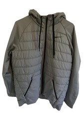 Nike Men’s Gray Puffer Jacket Size L Full Zip Hooded Coat Orange Lined Hood