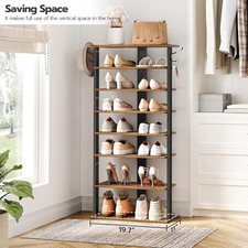 8 Tiers Vertical Shoe Rack, Wooden Shoe Storage Organizer with Hooks, Narrow Sho