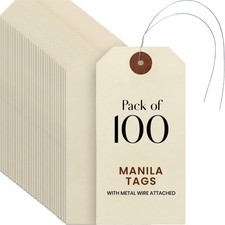 Blank Manila Shipping Tags with Pre-Attached Wire Hangers, Set of 100, Size #5, 