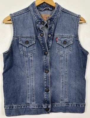 Levi's Women Denim Vest Medium Wash Collarless Snap Band Neck Trucker Jacket L