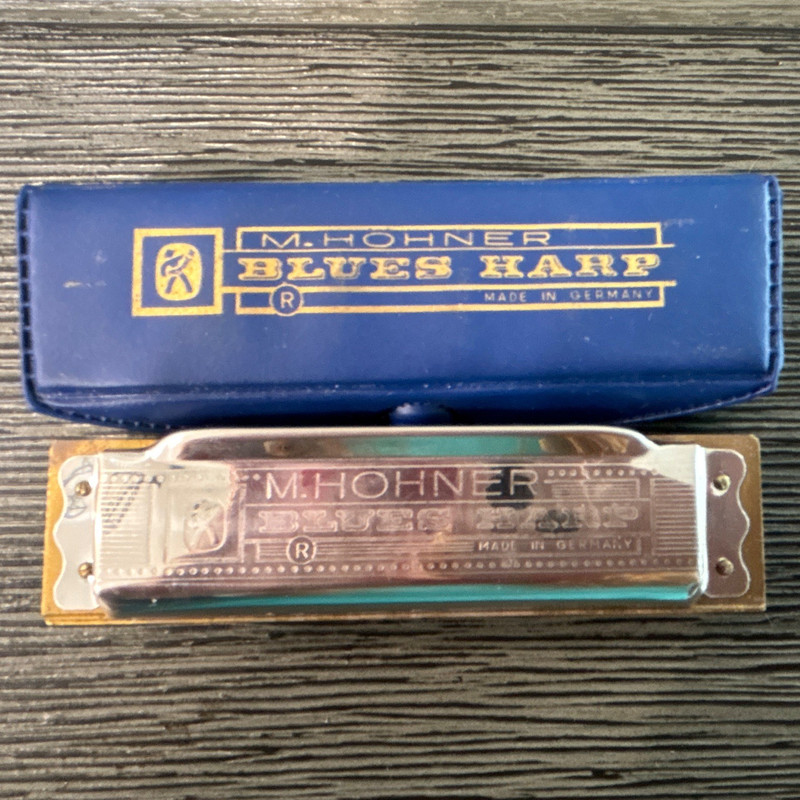 HOHNER Blues Harp Key of G Diatonic Harmonica Silver Metal Wood w/ Case