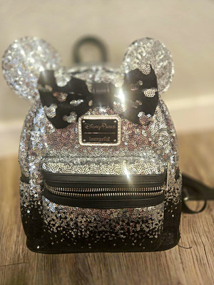 Loungefly Disney Minnie Mouse Mini Backpack Silver/Black Sequin Ears Bow