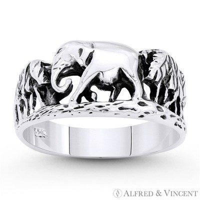Forest Elephant Charm Animal Totem Band Solid 925 Sterling Silver Statement Ring