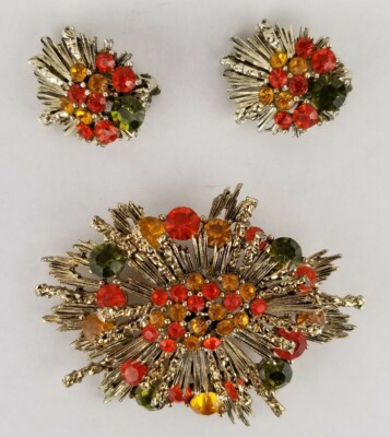 Vtg Brooch & Earring Set Gold Russian Influence Gold/Red/Green Rhinestones 