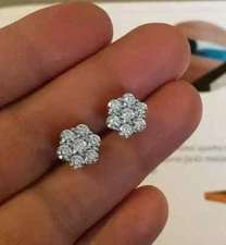2CT Round-Cut Lab Created Cluster Flower Stud Earrings 14K White Gold Plated