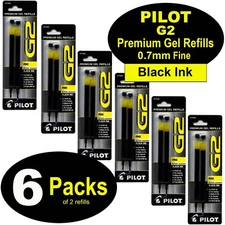 Pilot 77240 G2 Refills, 0.7mm Fine, Black Gel Ink, 6 Packs of 2 Refills