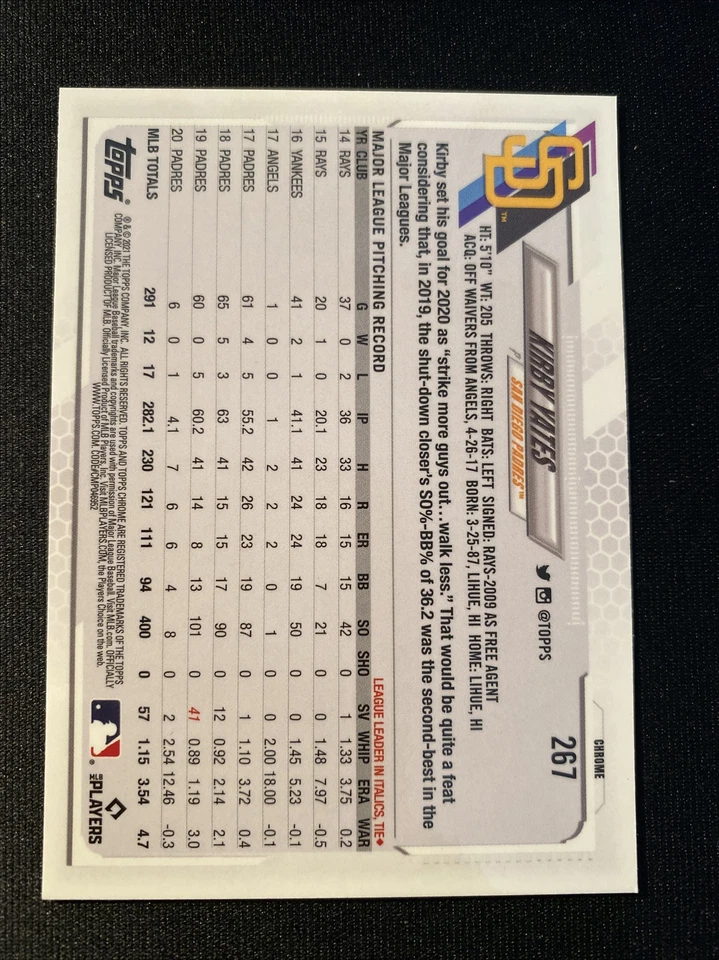 2021 Topps Chrome Sapphire Kirby Yates #267 San Diego Padres - Image 2 of 2
