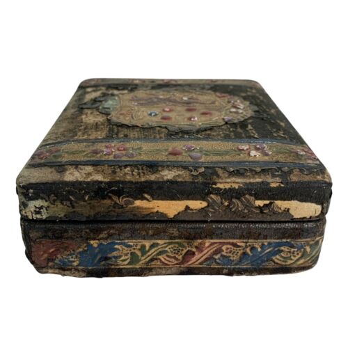 Antique Handcrafted Italian Leather Wood Trinket Box Floral Heraldic Crest - Picture 5 of 15
