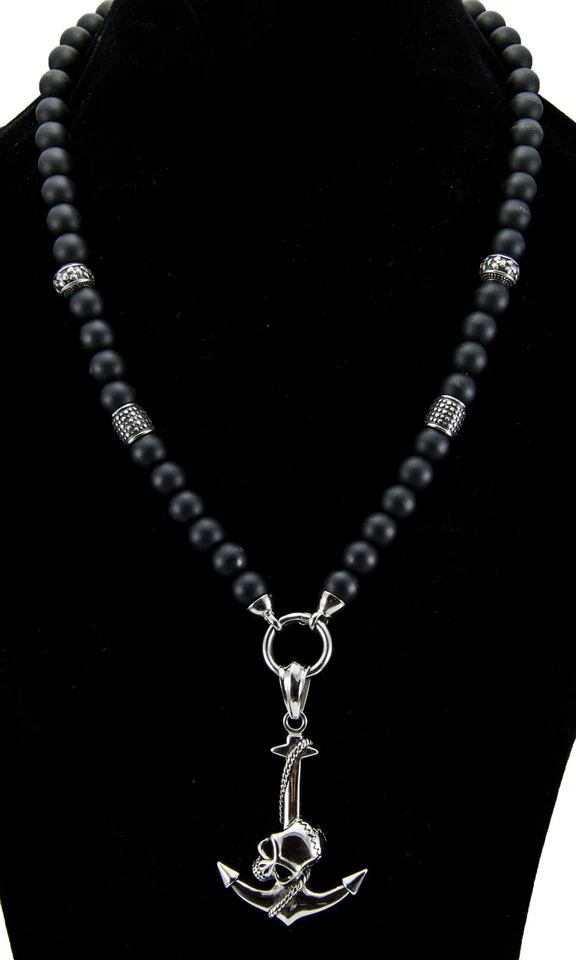 Herren Männer Halskette Perlenkette Schwarz Stein Onyx Edelstahl Bikerkette Rock - Bild 1 von 4