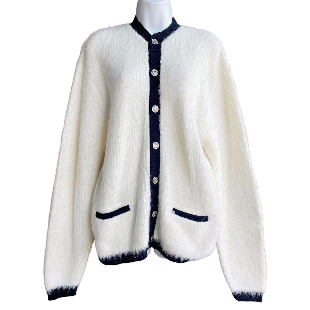 VTG 60s BRENT Montgomery Ward Cardigan L Ivory Orlon Acrylic Fuzzy