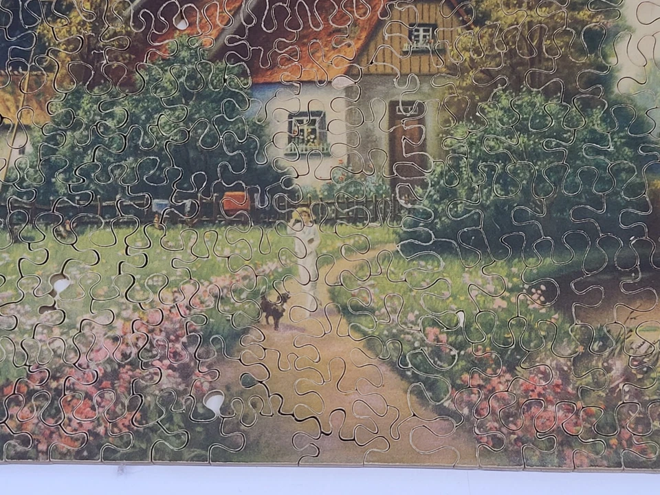 Vintage Antique Wood Wooden Jigsaw Puzzle Cottage Dog Garden Woods Landscape Art - Image 3 of 4