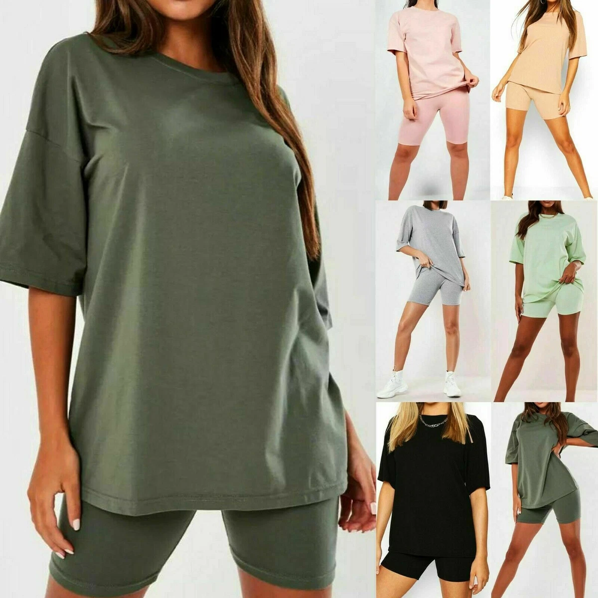 Womens Ladies Oversized T Shirt Cycle Shorts Co Ord Loungewear 2