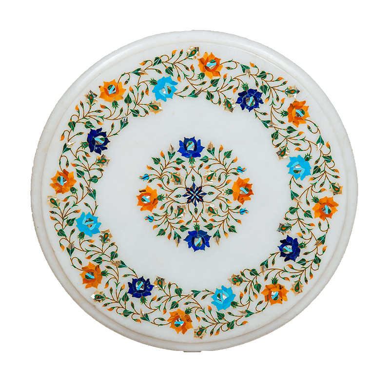15-inch marble round corner table with semi-precious stone handmade inlay