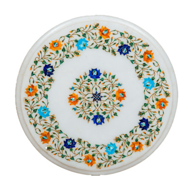 12'' Marble round corner table semi precious stones handmade inlay art work