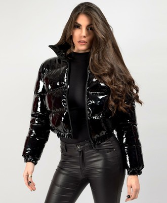 Women Shiny Wet Look Vinyl Thick Puffer 