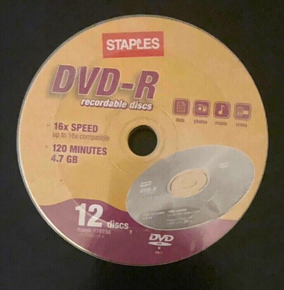 DVD R Recordable 12 Discs From Staples With a Storage 4.7 GB Speed