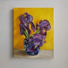 Irises on yellow background original oil painting
