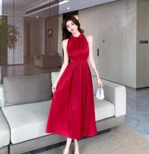 Women's 2024 Fashion Satin Halter Slim Fit Bowtie Flared Long Evening Dress
