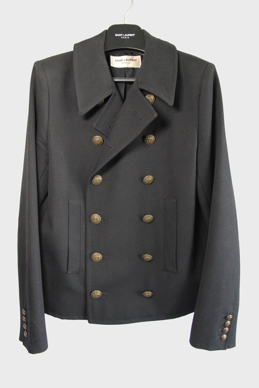 FW13 Saint Laurent Paris Cropped Black Pea Coat Wool Jacket Hedi