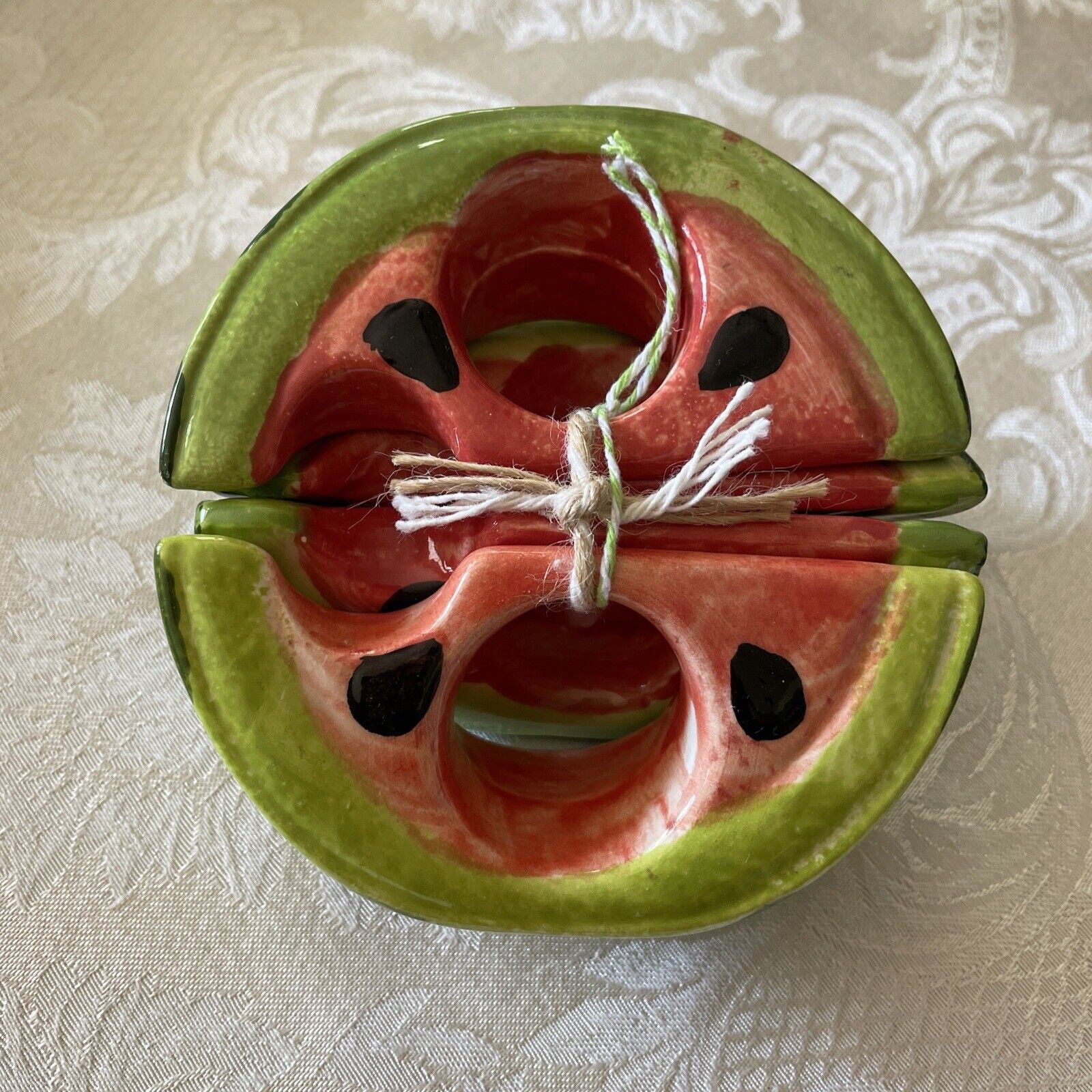 Set Of 4 Handpainted Watermelon Napkin Rings Ceramic Signed