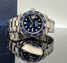Custom 40mm Blue Dial Sapphire Gemstones Diver Mod Watch NH35 Automatic