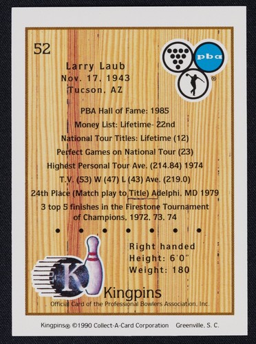 Tarjeta de bolos Kingpins 1990 firmada por Larry Laub #52 - PBA Bowler en tarjeta automática - Imagen 2 de 2